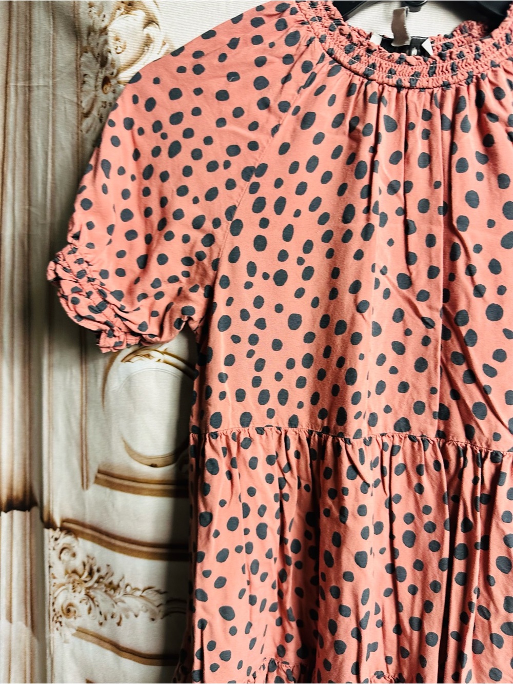 Smocked Neck Pink Polka Dot Tiered Girls Dress - Picture 4 of 9